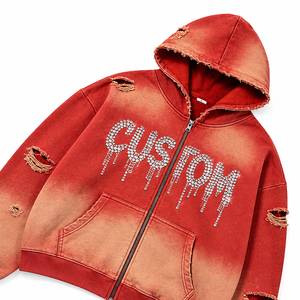 Custom Oversized Distressed Zip Up <b>Hoodie</b> Mens Streetwear Washed Rhinestone Graphic <b>Long</b> Sleeve <b>Hoodie</b> For Unisex Wear - Product Image 3