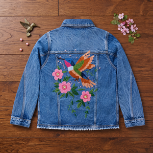 Veste en jean pour femme, broderie à la main, motif floral d'oiseaux, streetwear, vintage, décontractée, été, printemps, automne, hiver, respirante - Product Image 2