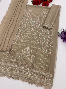 Salwar Kameez beige en rayonne brodé pour femme avec dupatta – Tenue traditionnelle indienne et pakistanaise, coupe ample, longueur ras du sol, décontractée - Product Image 2