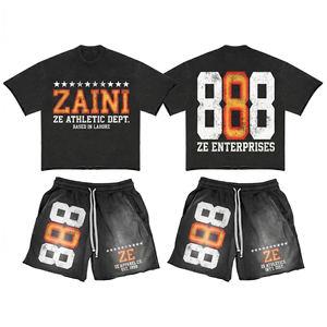 280 GSM Premium 100% Polyester French Terry Men Oversized T Shirt Shorts Set <b>Washed</b> Black <b>Screen</b> Print Summer Casual Breathable - Product Image 1