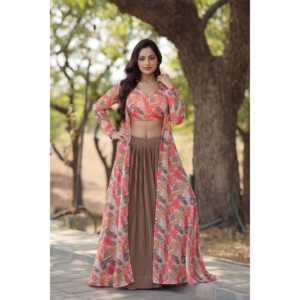 Faux Georgette Con Crush Plisado Flor Impreso Lehenga choli - Product Image 1