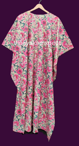 Elegant Floral Print Pink <b>Kaftan</b> Midi V-Neck Long Sleeve Hand-Blocked Artisanal Eco-Friendly Breathable High Waist <b>Summer</b> - Product Image 3
