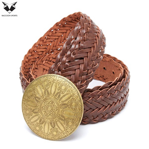 Cinturón de Cuero Color Marrón para Mujer, Estilo Vintage, Hebilla Redonda Grande Dorada, Cinturón Tejido a Mano, Cinturón de Vestir a la Moda - Product Image 2