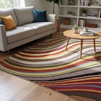 Tapis en laine noué à la main à rayures ondulées multicolores, design abstrait fluide, à poils ras en jute, pour décoration moderne de salon et chambre