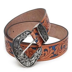 เข็มขัดหนังแท้สไตล์ตะวันตกสุดหรู แกะสลักลายใบไม้แบบคาวบอย พร้อมหัวเข็มขัดทองเหลืองลายดอกไม้หนักแน่น ปรับความยาวได้ตามต้องการสำหรับใส่กับกางเกงยีนส์ - Product Image 4