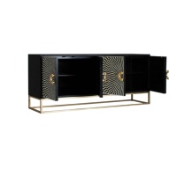 Meuble haut de gamme, buffet à 4 portes avec incrustations en os et pieds en métal finition dorée, armoire de salon avec incrustations en os, buffet d'appoint