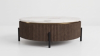 Table basse ronde en marbre avec base en bois cannelé et pieds en métal, mobilier moderne pour salon, durable et facile à nettoyer