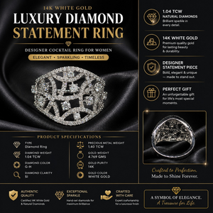14K White <b>Gold</b> Luxury Diamond <b>Ring</b> for Women | 1.04TCW Designer Statement <b>Cocktail</b> <b>Ring</b> Elegant Fine Jewelry Gift for Sparkling - Product Image 5