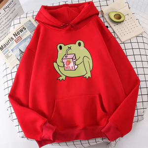 Sweat-shirt à capuche pour femme, imprimé mignon fraise lait grenouille, tendance professionnelle, décontracté, en polaire douce pour l'automne - Product Image 3