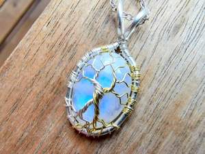 Opalite <b>Tree</b> of Life Pendant Necklace | Handmade Wire Wrapped <b>Crystal</b> Stone Jewelry | Healing Chakra Energy Pendant for Gifts - Product Image 2