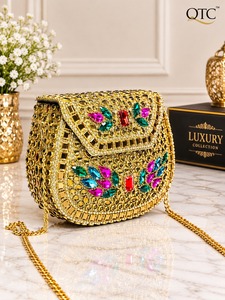 <b>Gold</b> Plated Rhinestone Luxury Fashion Evening Bag Round <b>Clutch</b> Purse Chain Strap for Wedding Party Festive Occasions - Product Image 2