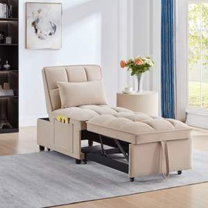4-in-1 Multi-Function Taupe Convertible Chaise Lounge Adjustable <b>Single</b> Sofa <b>Bed</b> with <b>Pull</b>-<b>Out</b> & Tufted Backrest Storage Pockets - Product Image 1
