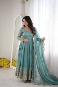 <b>Teal</b> Embroidered Silk Anarkali <b>Suit</b> With Dupatta Traditional Indian Pakistani <b>Women's</b> Floor-Length Wedding Dress Loose Fit - Product Image 4