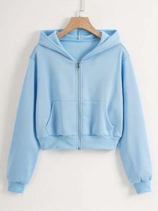 เสื้อฮู้ดครอปสีน้ำเงินกรมท่าสำหรับผู้หญิง แขนยาว สีพื้น ผ้าถัก เสื้อสเวตเตอร์มีฮู้ด สวมใส่สบายๆ ในฤดูใบไม้ร่วง - Product Image 5