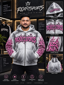 REXFITSPORTS 2026 Sweat à capuche gris personnalisé entièrement zippé, motif graffiti, streetwear, en molleton, imprimé rose, vente en gros - Product Image 1