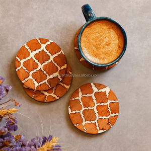 Round Wooden <b>Coasters</b> Set With Geometric Pattern Bohemian Style <b>Heat</b> Resistant Drink Mats For Coffee Table Decor - Product Image 2