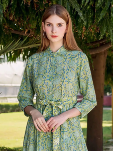 Nueva llegada de las mujeres elegantes bloque de mano impreso casual algodón Maxi vestido 100% lavable VERDE impreso algodón Maxi vestido - Product Image 2