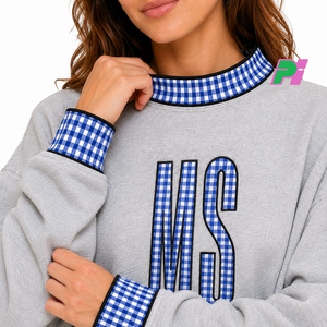 Sudadera con cuello simulado Mississippi con letras de tela a cuadros y ribetes, sudadera con cuello simulado con bordado personalizado - Product Image 6