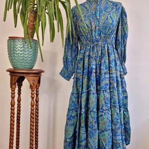 Midi azul Paisley seda mezcla nivel bohemio vestido fluido colorido verano elegante boda té alto ropa de día - Product Image 1