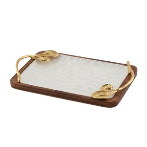 Acacia Wood Decorative Tray With Vintage Silver Leaf Metal Handles Elegant Rectangular Food Platter For Coffee Table Hotel Table - Product Image 2