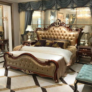 Ensemble de chambre à coucher de luxe en bois d'acajou, style antique européen classique, capitonné et rembourré, avec rangement, lit king size, style palais royal - Product Image 1