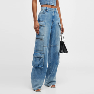 Pantalon cargo en jean délavé taille haute coupe ample pour femme, style décontracté, longueur intégrale avec plusieurs poches et braguette boutonnée - Product Image 1