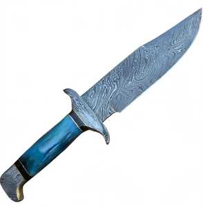 Herramienta Utilitaria de Hoja Fija de Acero de Damasco Hecha a Mano con Mango de Resina Azul y Detalles en Latón - Product Image 3