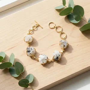 Pulsera de Cadena Vintage con Baño de Oro y Piedra Natural, Diseño de Eslabones de Latón, Joyería Unisex para Boda - Product Image 2