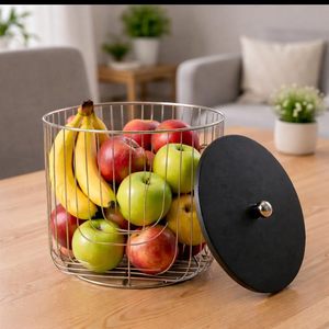 Wire Fruit <b>Basket</b> with Lid Round Metal Storage <b>Basket</b> Silver Black Kitchen Counter Organizer for Fruits <b>Vegetables</b> Snacks Dining - Product Image 2