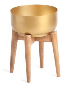 Modern Gold Metal Flower <b>Pot</b> with Wooden Stand for Indoor Plants Desktop Use - Product Image 1