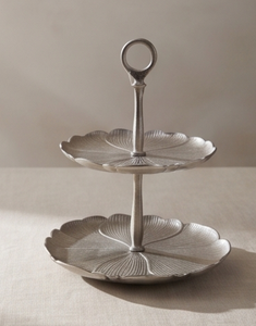 Premium Silver Metal 2 <b>Tier</b> <b>Cake</b> <b>Stand</b> with Ring Handle Botanical Style Pedestal Base Pastry Cupcake Display Tray - Product Image 1