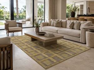 พรมปูพื้น DECORDEC แบบสั่งทำพิเศษ เป็นมิตรกับสิ่งแวดล้อม กันลื่น ทำจากขนสัตว์ สีเหลืองมัสตาร์ดอมเทา  แบบขนสั้นและขนยาว  ลายตารางเรขาคณิต - Product Image 1