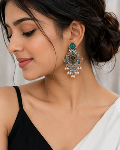 Oxidized Silver Bezel Setting Floral Ethnic Drop Earrings Boho Women's Party Jewelry - Product Image 5