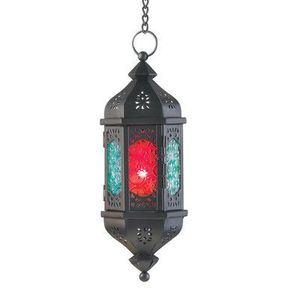 Farol de Hierro Negro con Paneles de Vidrio Rojo y Verde para Decoración del Hogar - Product Image 1