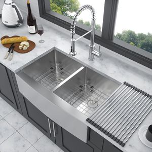 Lavello da Cucina a Doppia Vasca Stile Rustico 33"x21"x10" in Acciaio Inox con Frontale a Grembiule, Spessore 16 Gauge, Due Vasche Profonde da 10 Pollici, Divisione 50/50 - Product Image 2