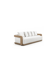 Canapé d'extérieur minimaliste en bois à trois places avec coussins blancs, mobilier de jardin durable pour salon ou salle d'attente - Product Image 3