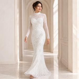 Robe de cocktail sirène blanche de luxe à col haut |   Robe longue sans manches à paillettes et perles avec traîne |   Taille naturelle élégante - Product Image 3