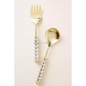Gold Finish Metal Salad Server Stainless Steel Luxury Salad <b>Fork</b> & Spoon Cutlery Sets With Mother of Pearl Resin Handles Latest - Product Image 3