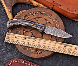 Couteau pliant Short Sign Forge en acier Damas de qualité industrielle, manche en bois Pakka noir, étui, couteau de chasse EDC de poche - Product Image 2