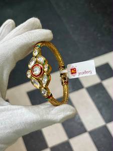 Bracelet Kundan en laiton indien en gros, Kada de mariée traditionnel fait main, bijoux ethniques de mode pour mariage, diamant rubis ovale - Product Image 2