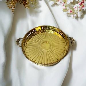 Round Gold Metal Serving Tray With Handles <b>Vintage</b> Design Handmade Polished Solid Pattern Party Dishes & <b>Plates</b> - Product Image 1