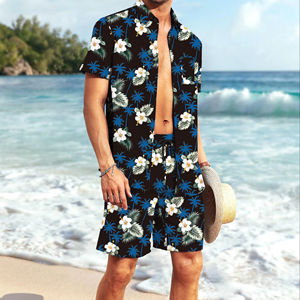 Ensemble de vacances pour homme : chemise à manches courtes à imprimé floral et short de plage assorti, tenue décontractée estivale colorée et légère, ensemble deux pièces pour homme - Product Image 1