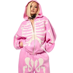 Wholesale Pink <b>Skeleton</b> Print Zip Up <b>Hoodie</b> And Jogger Pants Set Oversized Casual Y2K Tracksuit For Women - Product Image 4