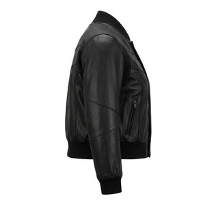 Black <b>Women</b> Genuine <b>Leather</b> <b>Bomber</b> <b>Jacket</b> Custom Panel Stitched Snap Button Ribbed Trim Outerwear OEM Factory Service - Product Image 3