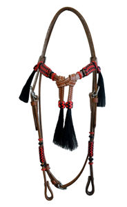 Têtière de boulangerie en cuir tanné avec nœuds équestres ajustables en cuir brut rouge tressé à la main et pompon en crin noir 578 - Product Image 2