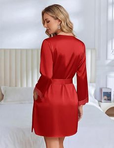 Robe en satin de soie pour femmes, kimono court, manches 3/4, dentelle, peignoir avec poche, vêtements de nuit, printemps - Product Image 3