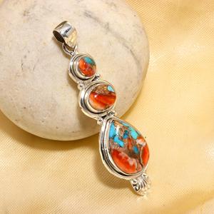 Best Selling Spiny Oyster Copper Turquoise Gemstone 925 Sterling <b>Silver</b> Handmade Boho Designer Pear Pendent for Women - Product Image 2
