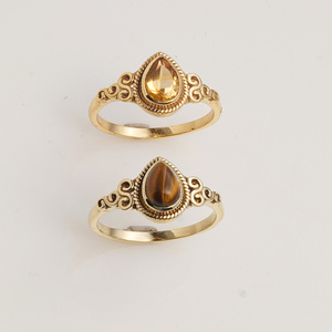 Natural Tiger Eye Pear Ring in Gold Finish Vintage Scroll Ring Brown Gemstone Handmade Jewelry for Women <b>Gift</b> - Product Image 2
