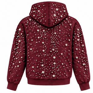 <b>Burgundy</b> Pearl Beaded Pullover <b>Hoodie</b> Unisex Oversized Streetwear Sweatshirt with Kangaroo Pocket Custom Casual Fashion Wear - Product Image 2