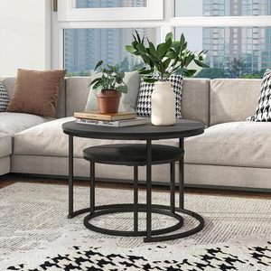 Ensemble de 2 tables basses rondes industrielles pour salon, chambre, bureau, tables d'appoint empilables - Product Image 4